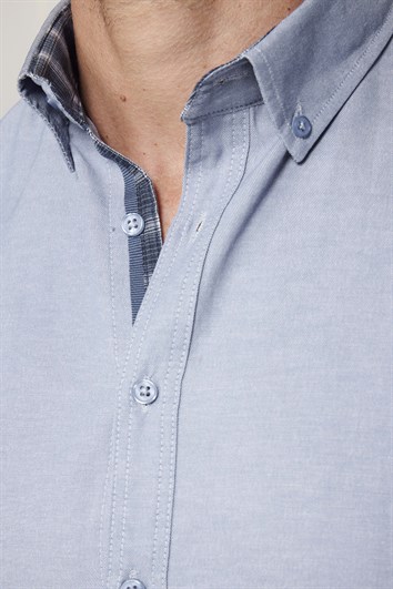 Erkek Slim Fit Dar Kesim Kısa Kollu Pamuklu Oxford Doku Kolay Ütülenebilir Gri Düğmeli Yaka Gömlek