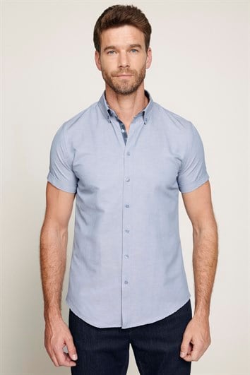 Erkek Slim Fit Dar Kesim Kısa Kollu Pamuklu Oxford Doku Kolay Ütülenebilir Gri Düğmeli Yaka Gömlek