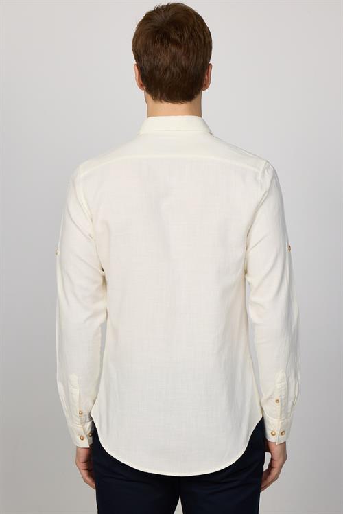 Erkek Slim Fit Dar Kesim %100 Pamuk Keten Doku Çift Cep Spor Yaka Beyaz Gömlek