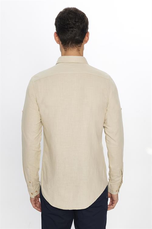 Erkek Slim Fit Dar Kesim %100 Pamuk Keten Doku Çift Cep Spor Yaka Taş Rengi Gömlek
