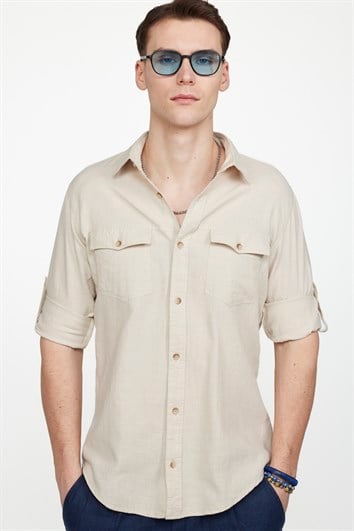 Erkek Slim Fit Dar Kesim %100 Pamuk Keten Doku Çift Cep Spor Yaka Taş Renk Gömlek