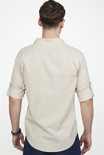 Erkek Slim Fit Dar Kesim %100 Pamuk Keten Doku Çift Cep Spor Yaka Taş Renk Gömlek
