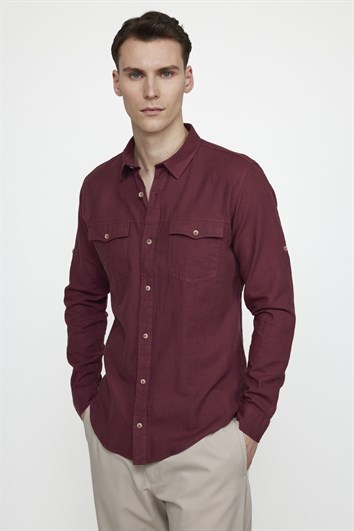 Erkek Slim Fit Dar Kesim %100 Pamuk Keten Doku Çift Cep Spor Yaka Bordo Gömlek
