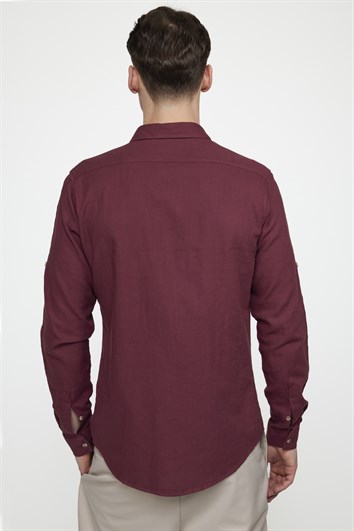 Erkek Slim Fit Dar Kesim %100 Pamuk Keten Doku Çift Cep Spor Yaka Bordo Gömlek
