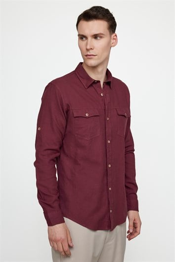 Erkek Slim Fit Dar Kesim %100 Pamuk Keten Doku Çift Cep Spor Yaka Bordo Gömlek