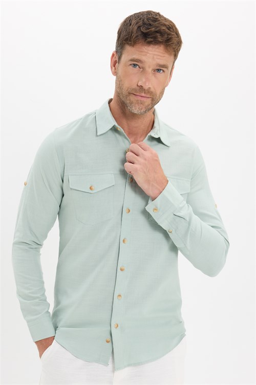 Erkek Slim Fit Dar Kesim %100 Pamuk Keten Doku Çift Cep Spor Yaka Yeşil Gömlek