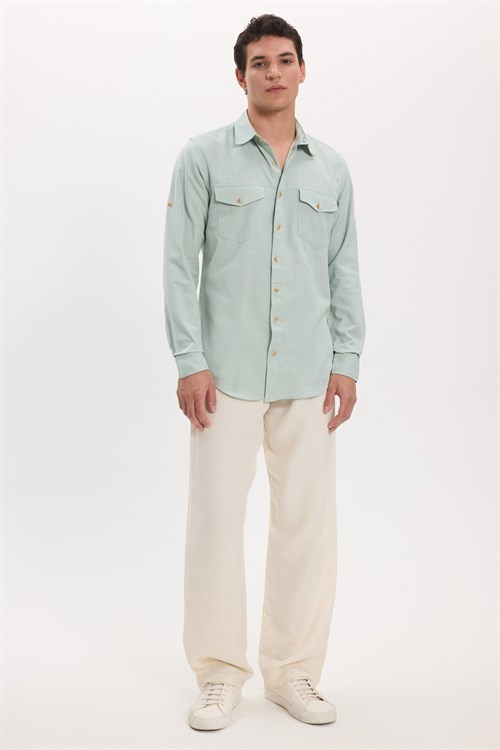 Erkek Slim Fit Dar Kesim %100 Pamuk Keten Doku Çift Cep Spor Yaka Yeşil Gömlek
