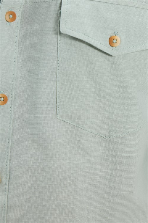 Erkek Slim Fit Dar Kesim %100 Pamuk Keten Doku Çift Cep Spor Yaka Yeşil Gömlek