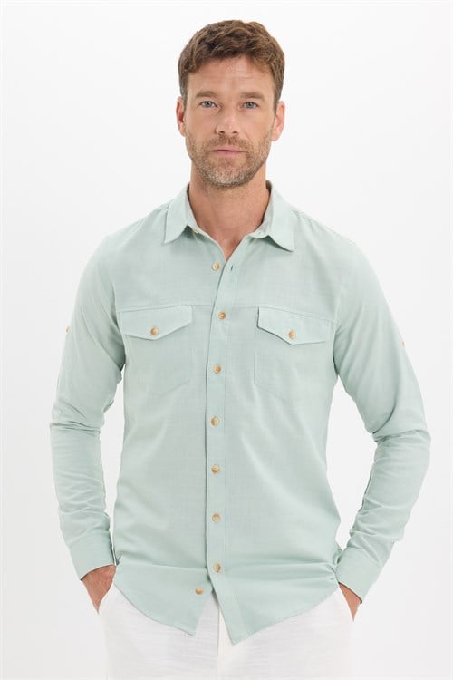 Erkek Slim Fit Dar Kesim %100 Pamuk Keten Doku Çift Cep Spor Yaka Yeşil Gömlek