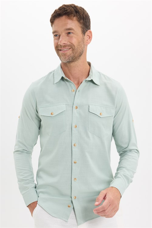 Erkek Slim Fit Dar Kesim %100 Pamuk Keten Doku Çift Cep Spor Yaka Yeşil Gömlek