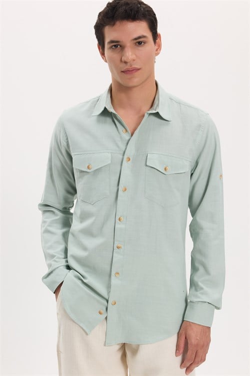 Erkek Slim Fit Dar Kesim %100 Pamuk Keten Doku Çift Cep Spor Yaka Yeşil Gömlek