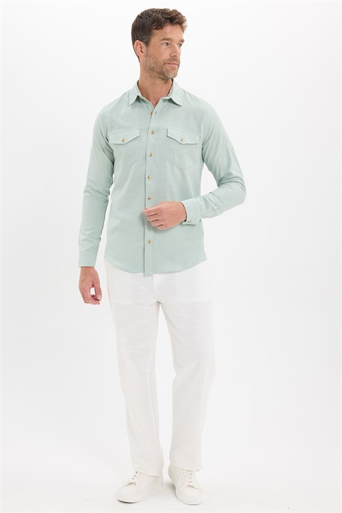 Erkek Slim Fit Dar Kesim %100 Pamuk Keten Doku Çift Cep Spor Yaka Yeşil Gömlek