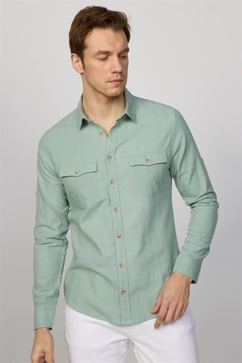 Erkek Slim Fit Dar Kesim %100 Pamuk Keten Doku Çift Cep Spor Yaka Yeşil Gömlek