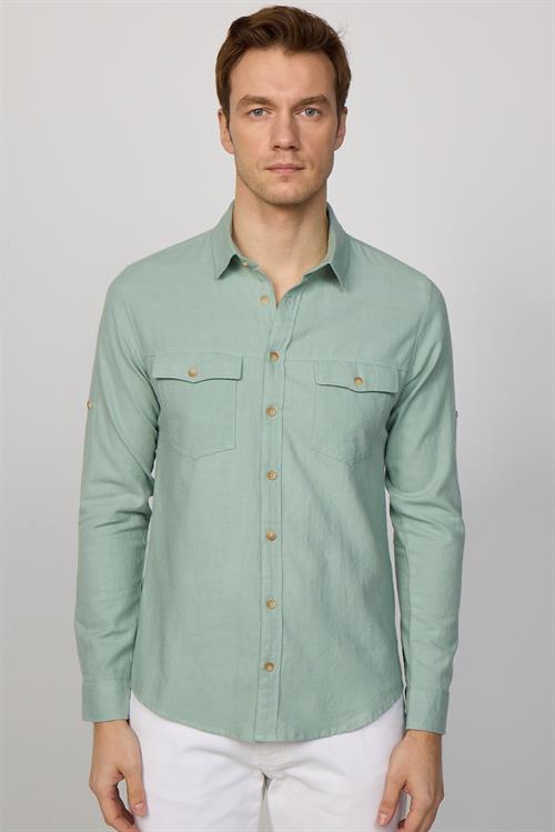 Erkek Slim Fit Dar Kesim %100 Pamuk Keten Doku Çift Cep Spor Yaka Yeşil Gömlek