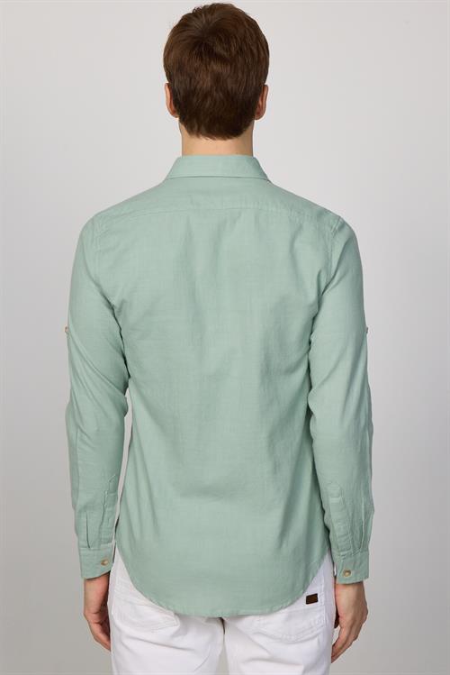 Erkek Slim Fit Dar Kesim %100 Pamuk Keten Doku Çift Cep Spor Yaka Yeşil Gömlek