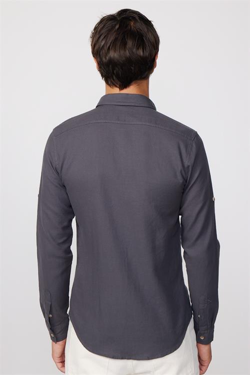 Erkek Slim Fit Dar Kesim %100 Pamuk Keten Doku Çift Cep Spor Yaka Füme Gömlek