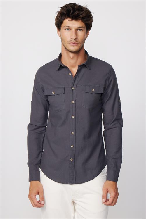 Erkek Slim Fit Dar Kesim %100 Pamuk Keten Doku Çift Cep Spor Yaka Füme Gömlek