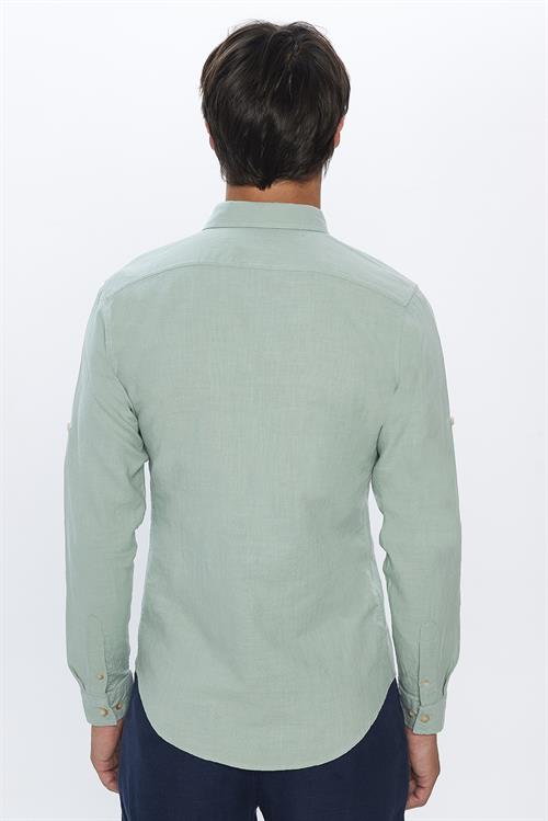 Erkek Slim Fit Dar Kesim %100 Pamuk Keten Doku Çift Cep Spor Yaka Yeşil Gömlek