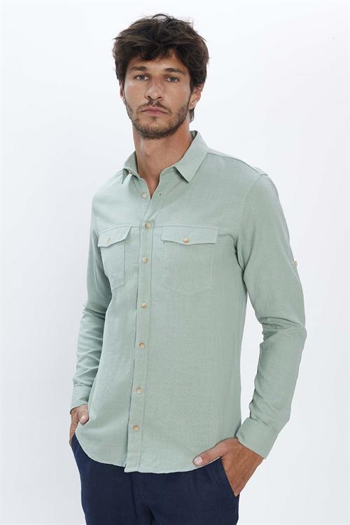Erkek Slim Fit Dar Kesim %100 Pamuk Keten Doku Çift Cep Spor Yaka Yeşil Gömlek