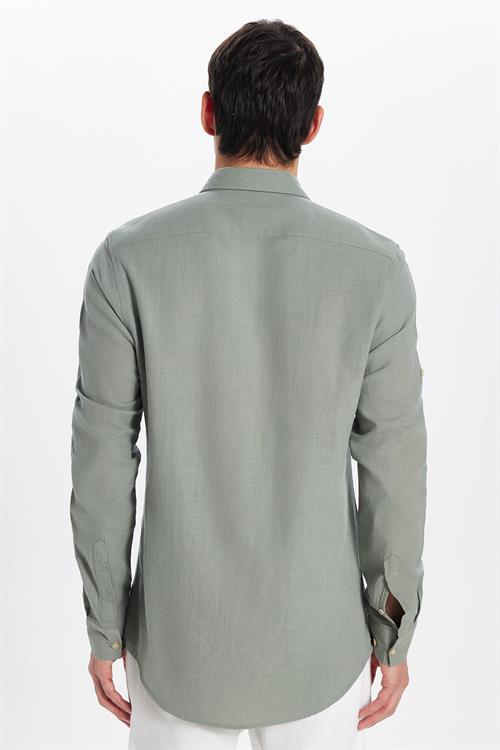 Erkek Slim Fit Dar Kesim %100 Pamuk Keten Doku Çift Cep Spor Yaka Açık Haki Gömlek