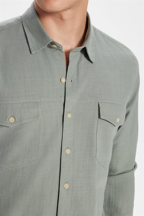 Erkek Slim Fit Dar Kesim %100 Pamuk Keten Doku Çift Cep Spor Yaka Açık Haki Gömlek