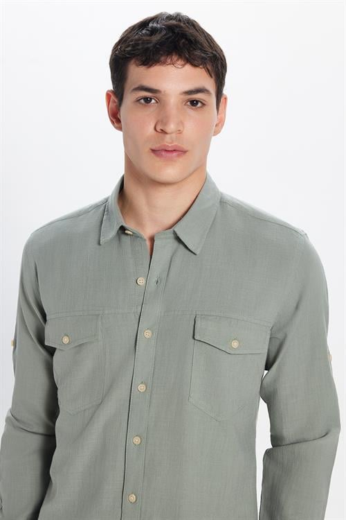 Erkek Slim Fit Dar Kesim %100 Pamuk Keten Doku Çift Cep Spor Yaka Açık Haki Gömlek