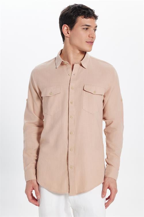 Erkek Slim Fit Dar Kesim %100 Pamuk Keten Doku Çift Cep Spor Yaka Somon Gömlek