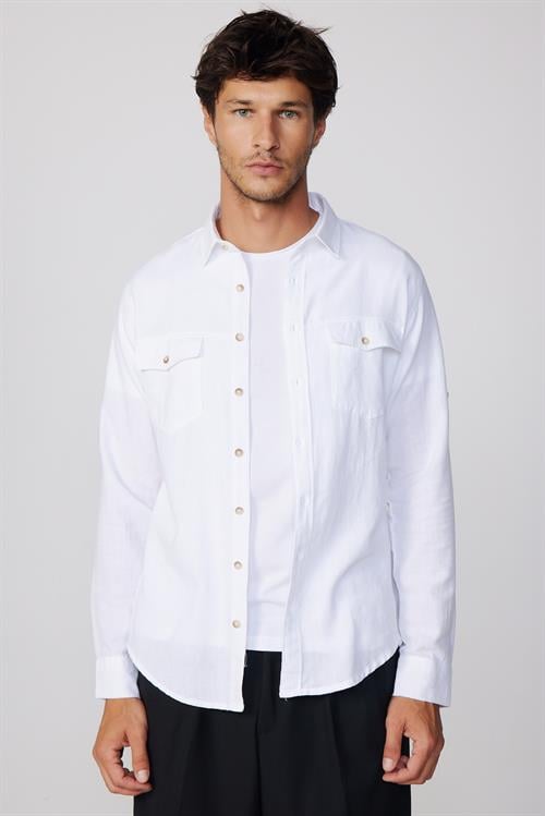 Erkek Slim Fit Dar Kesim %100 Pamuk Keten Doku Çift Cep Spor Yaka Beyaz Gömlek