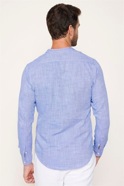 Erkek Slim Fit Dar Kesim Uzun Kollu %100 Pamuk Keten Doku Hakim Yaka Sax Mavi Gömlek