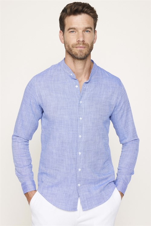 Erkek Slim Fit Dar Kesim Uzun Kollu %100 Pamuk Keten Doku Hakim Yaka Sax Mavi Gömlek