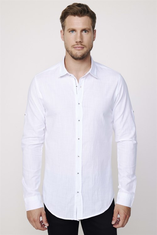 Erkek Slim Fit Dar Kesim Uzun Kollu %100 Pamuk Keten Doku Apoletli Beyaz Gömlek