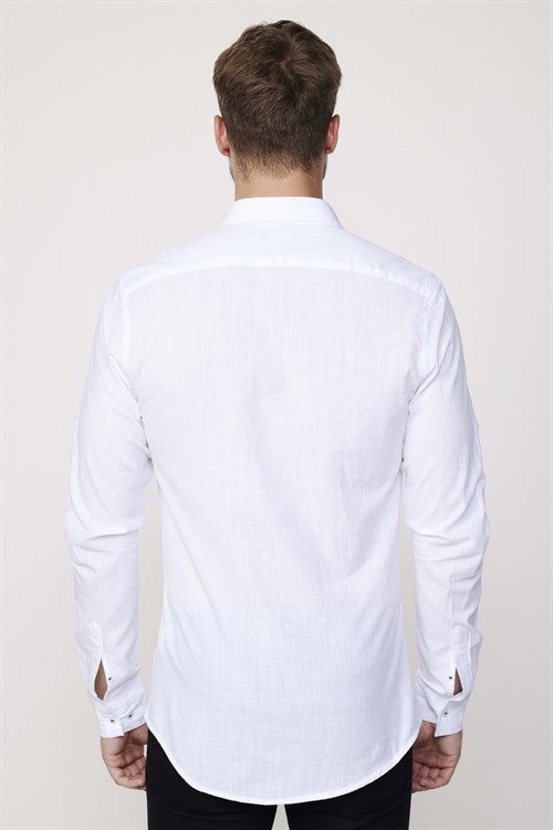 Erkek Slim Fit Dar Kesim Uzun Kollu %100 Pamuk Keten Doku Apoletli Beyaz Gömlek