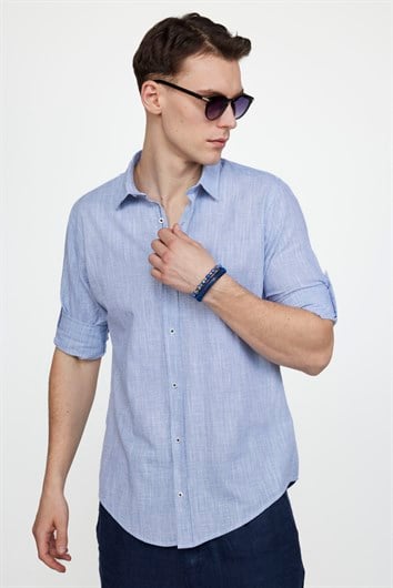 Erkek Slim Fit Dar Kesim Uzun Kollu %100 Pamuk Keten Doku Apoletli Sax Mavi Gömlek