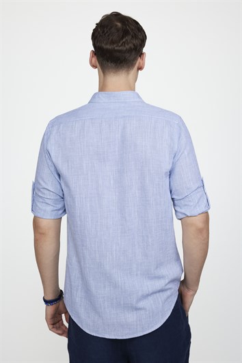 Erkek Slim Fit Dar Kesim Uzun Kollu %100 Pamuk Keten Doku Apoletli Sax Mavi Gömlek