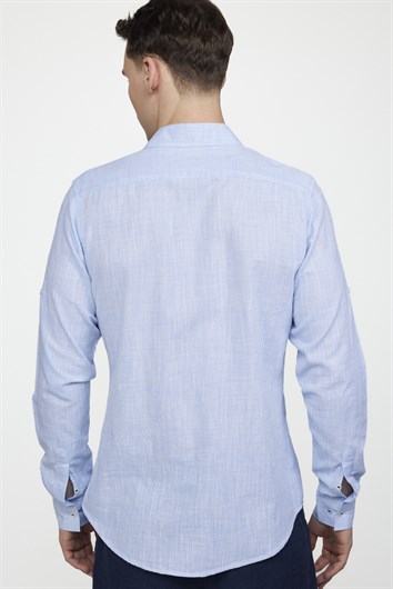 Erkek Slim Fit Dar Kesim Uzun Kollu %100 Pamuk Keten Doku Apoletli Mavi Gömlek
