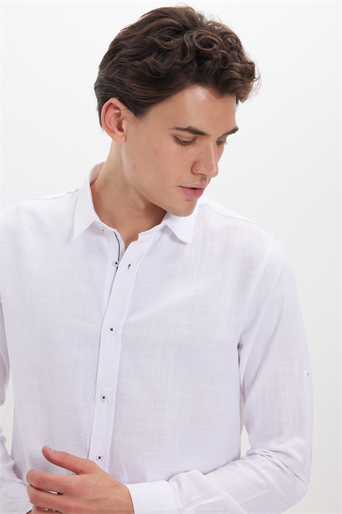 Erkek Slim Fit Dar Kesim Uzun Kollu %100 Pamuk Keten Doku Apoletli Beyaz Gömlek