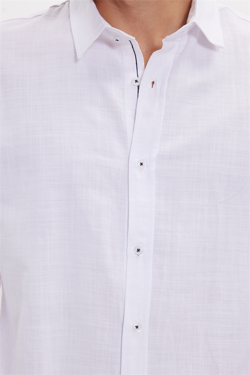Erkek Slim Fit Dar Kesim Uzun Kollu %100 Pamuk Keten Doku Apoletli Beyaz Gömlek