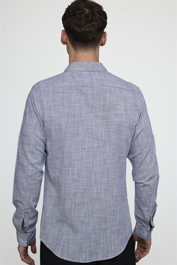 Erkek Slim Fit Dar Kesim Uzun Kollu %100 Pamuk Keten Doku Apoletli Lacivert Gömlek