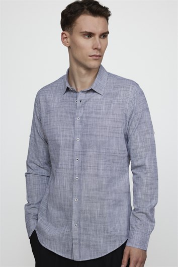 Erkek Slim Fit Dar Kesim Uzun Kollu %100 Pamuk Keten Doku Apoletli Lacivert Gömlek