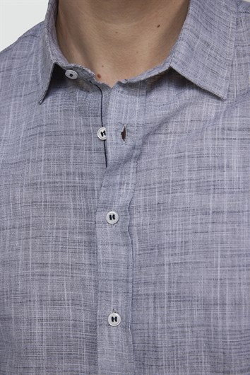 Erkek Slim Fit Dar Kesim Uzun Kollu %100 Pamuk Keten Doku Apoletli Lacivert Gömlek