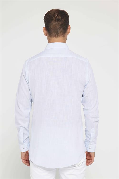 Erkek Slim Fit Dar Kesim Uzun Kollu %100 Pamuk Keten Doku Apoletli Mavi Gömlek