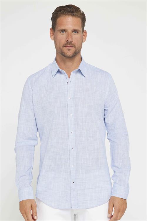 Erkek Slim Fit Dar Kesim Uzun Kollu %100 Pamuk Keten Doku Apoletli Mavi Gömlek