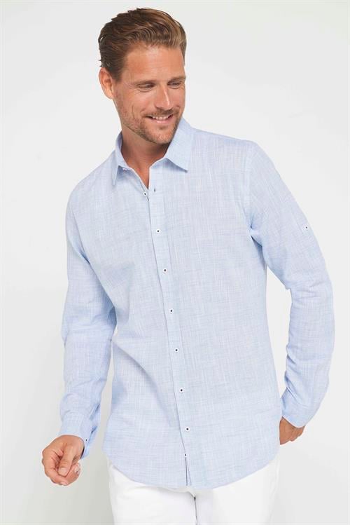 Erkek Slim Fit Dar Kesim Uzun Kollu %100 Pamuk Keten Doku Apoletli Mavi Gömlek