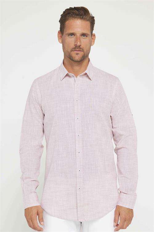 Erkek Slim Fit Dar Kesim Uzun Kollu %100 Pamuk Keten Doku Apoletli Bordo Gömlek
