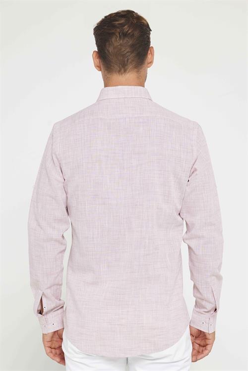 Erkek Slim Fit Dar Kesim Uzun Kollu %100 Pamuk Keten Doku Apoletli Bordo Gömlek