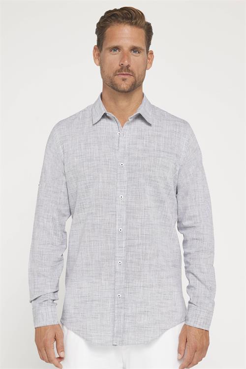 Erkek Slim Fit Dar Kesim Uzun Kollu %100 Pamuk Keten Doku Apoletli Gri Gömlek