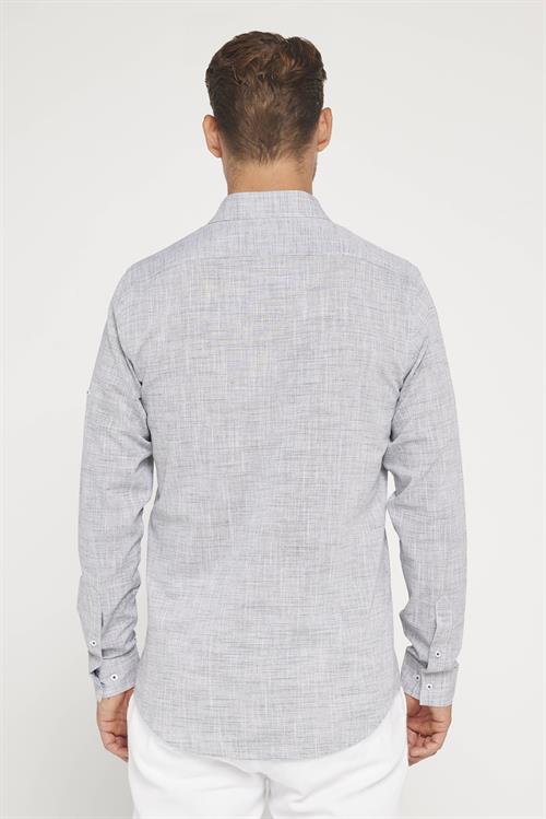Erkek Slim Fit Dar Kesim Uzun Kollu %100 Pamuk Keten Doku Apoletli Gri Gömlek