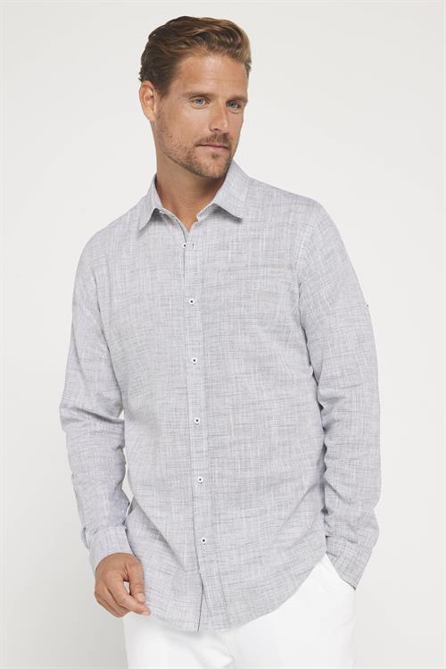 Erkek Slim Fit Dar Kesim Uzun Kollu %100 Pamuk Keten Doku Apoletli Gri Gömlek