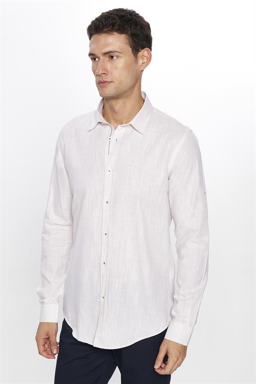 Erkek Slim Fit Dar Kesim Uzun Kollu %100 Pamuk Keten Doku Apoletli Taş Renk Gömlek