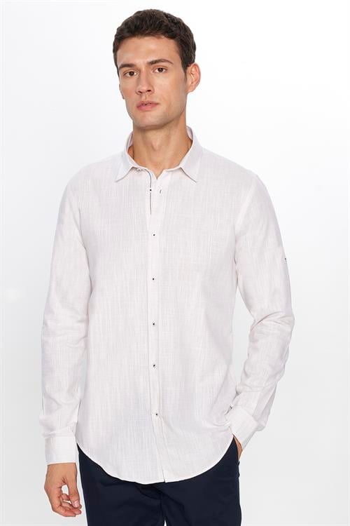 Erkek Slim Fit Dar Kesim Uzun Kollu %100 Pamuk Keten Doku Apoletli Taş Renk Gömlek